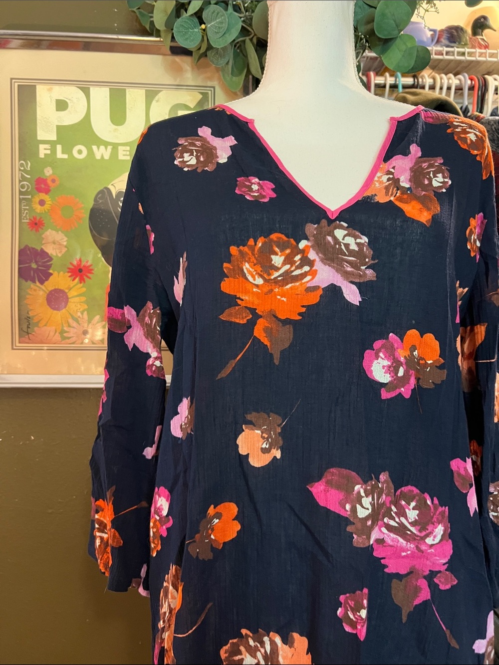 J Crew Navy Floral V-Neck Tunic with Pink Trim